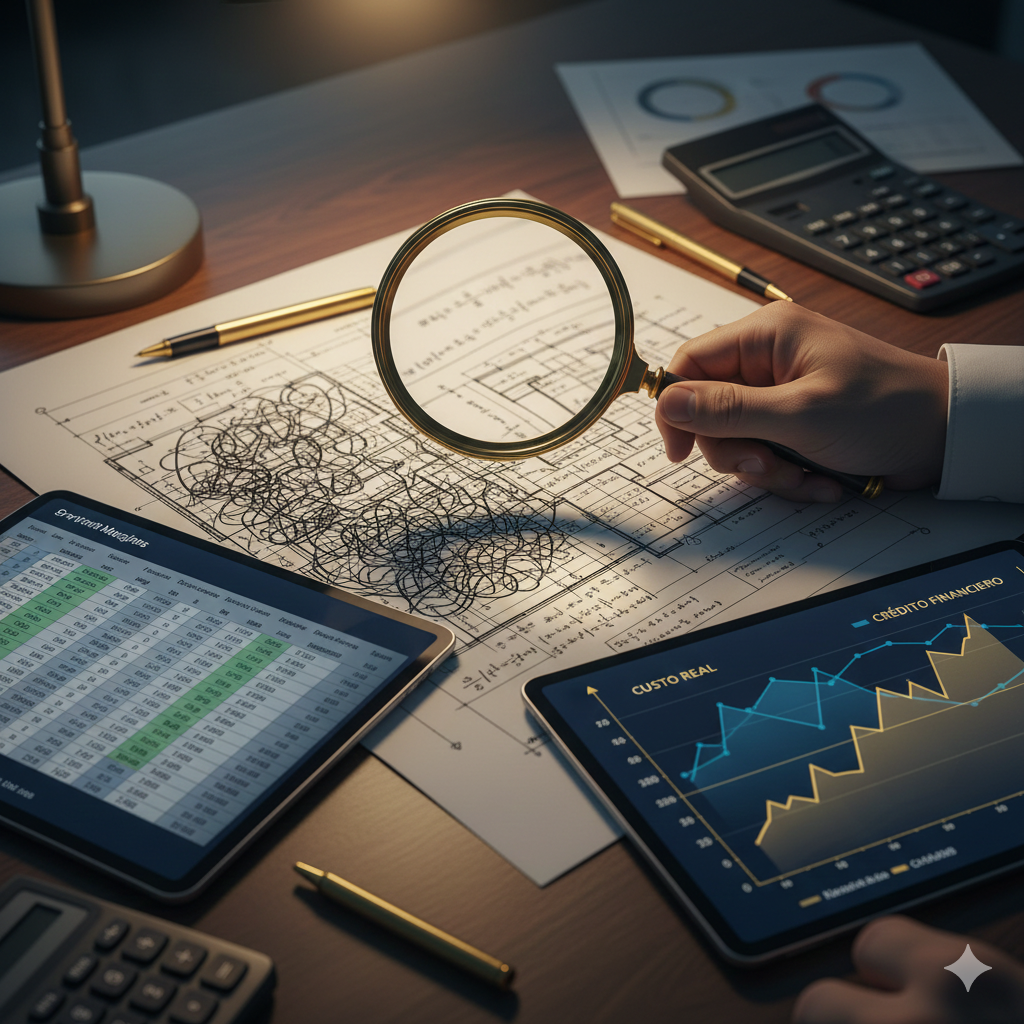 Mesa com documentos fiscais, cálculos e gráficos analisados com uma lupa, representando a complexidade e os riscos da reforma tributária no Brasil.